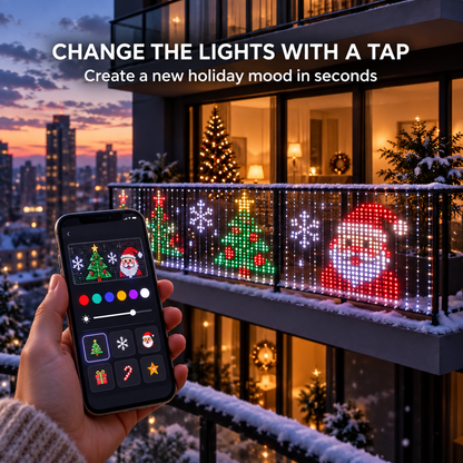 🎄Smart RGB Pixel Curtain Lights - App-Controlled Animated Holiday Display for Balcony & Window Decor
