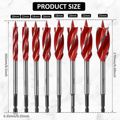 💯💯8PCS High Carbon Steel Wood Drill Bits Set, 4-Flute Hex Shank Wood Boring Bits 10-25mm for Timber Plastic Drilling 🛠️