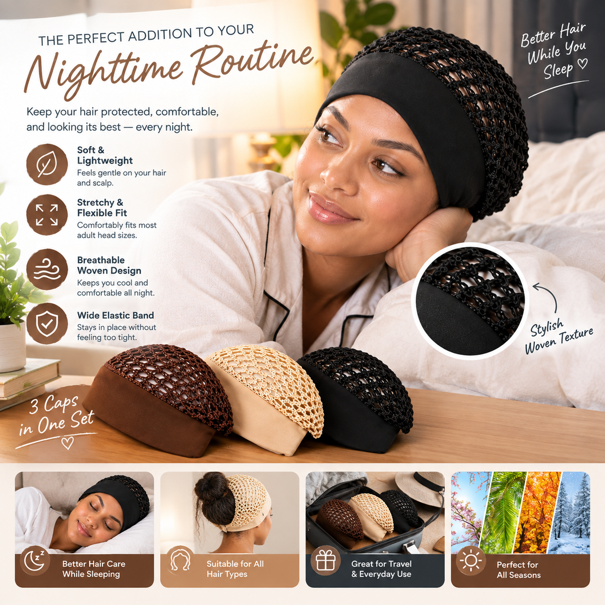 💤💤3-Pack Crochet Open-Weave Sleep Cap – Hair Protection: Wake Up to Better-Looking Hair
