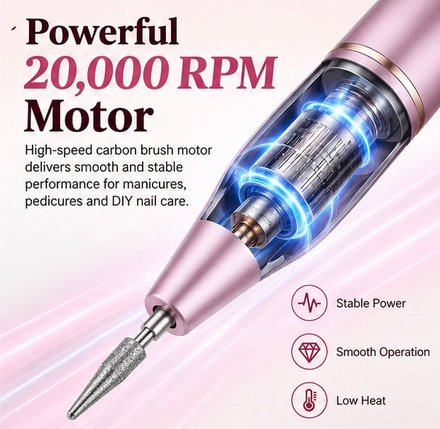 Portable electric nail file with grinding set; suitable for manicures and pedicures; lightweight and portable.