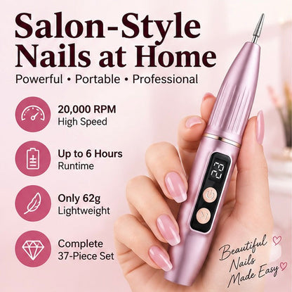 Portable electric nail file with grinding set; suitable for manicures and pedicures; lightweight and portable.