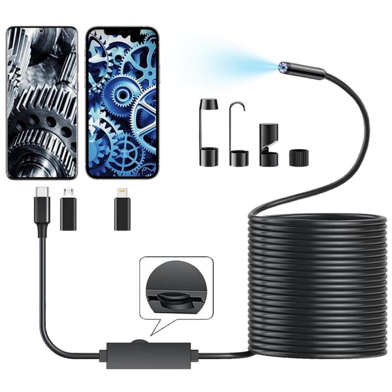 16.4ft Endoscope Camera with Light for iPhone and Android, 480P HD IP67 Waterproof Borescope with 6 Adjustable LED Lights, Semi-Rigid Snake Camera, 5.5mm Black, Diagnostic Tool