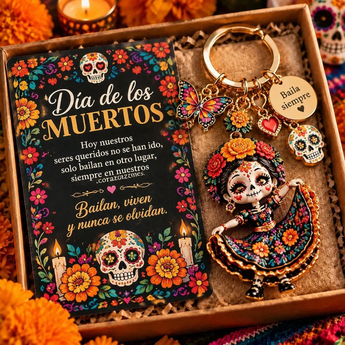 🌼💀 Día de Muertos Charm Keychain | 4 Colorful Floral & Skull-Inspired Styles 🔑✨