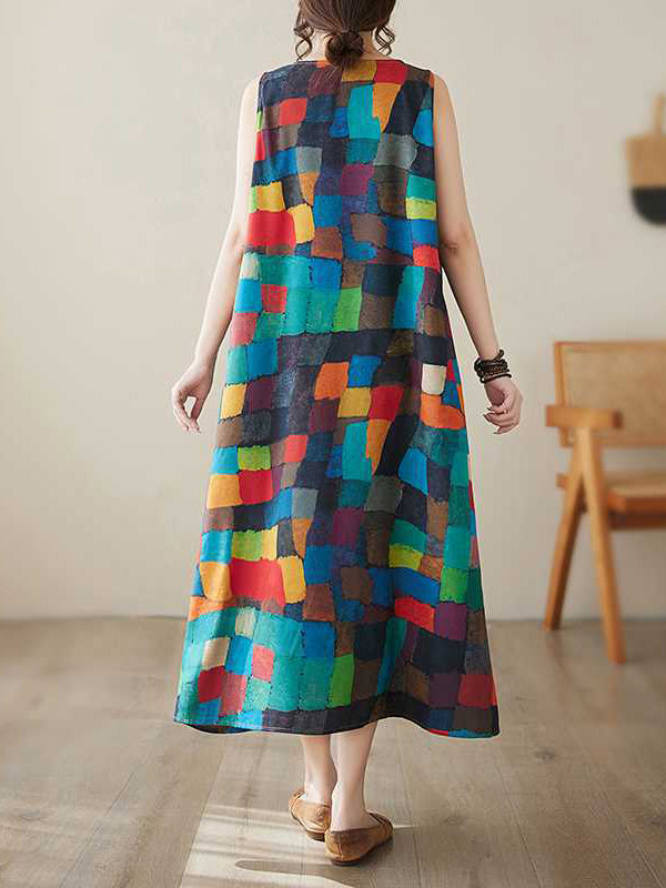 Loose Sleeveless Contrast Color Multi-Colored Plaid Round-Neck Midi Dresses