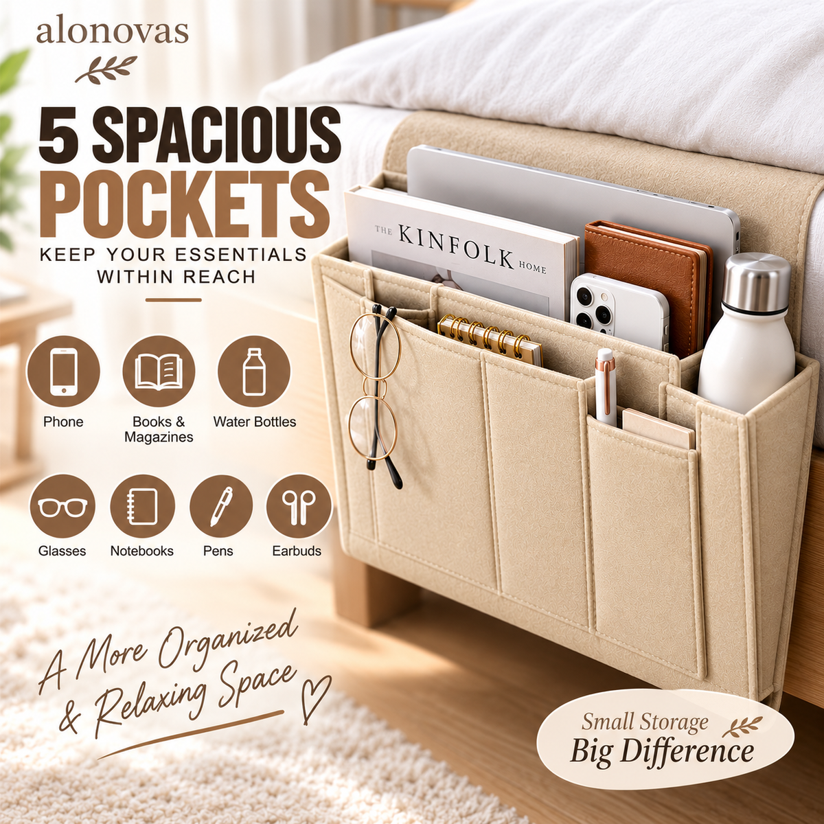 Bedside Storage Organizer – 5-Pocket Felt Hanging Bed Caddy 📚📱✨