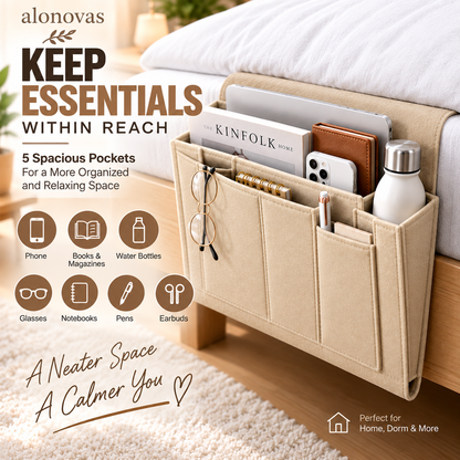 Bedside Storage Organizer – 5-Pocket Felt Hanging Bed Caddy 📚📱✨