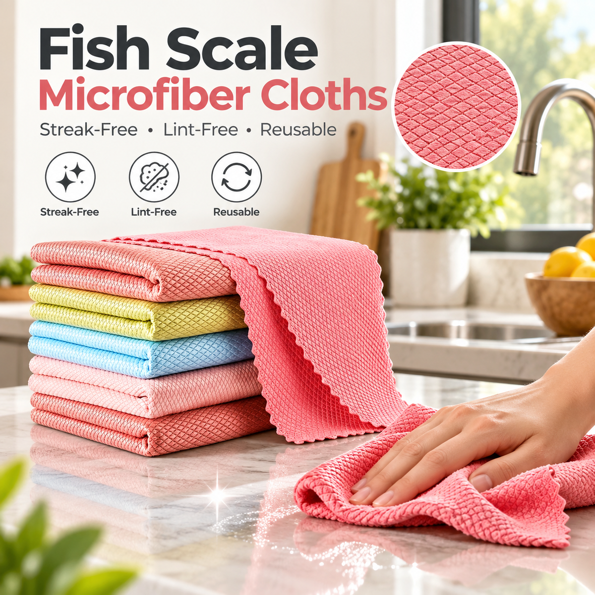 🧽10-Pack Fish Scale Microfiber Cleaning Cloths | Streak-Free✨