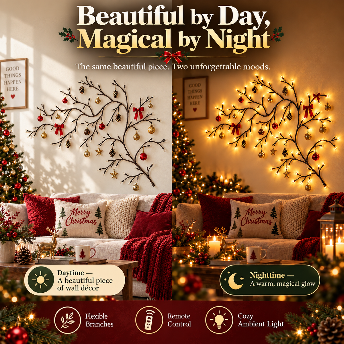 🌿✨ Flexible LED Branch Lights | Remote-Controlled Holiday Wall Decor 🎄💡