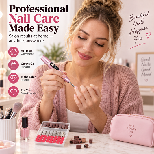 Portable electric nail file with grinding set; suitable for manicures and pedicures; lightweight and portable.