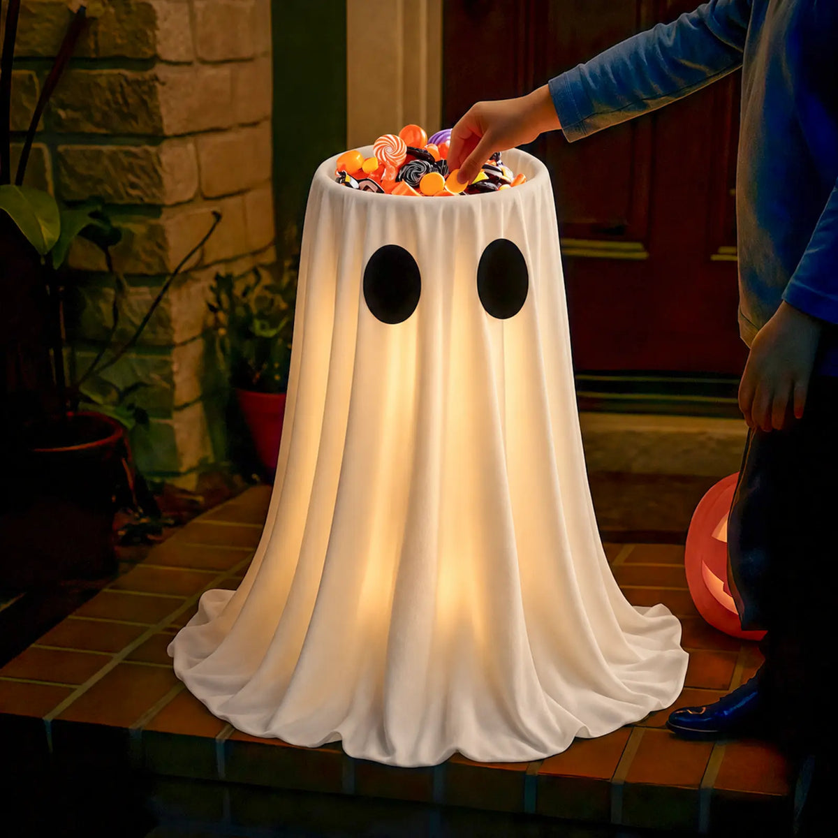 🎃👻🍬 Halloween Glow-in-the-Dark Ghost Candy Bowl – With String Lights, Timer, and Remote Control 🎃✨👻
