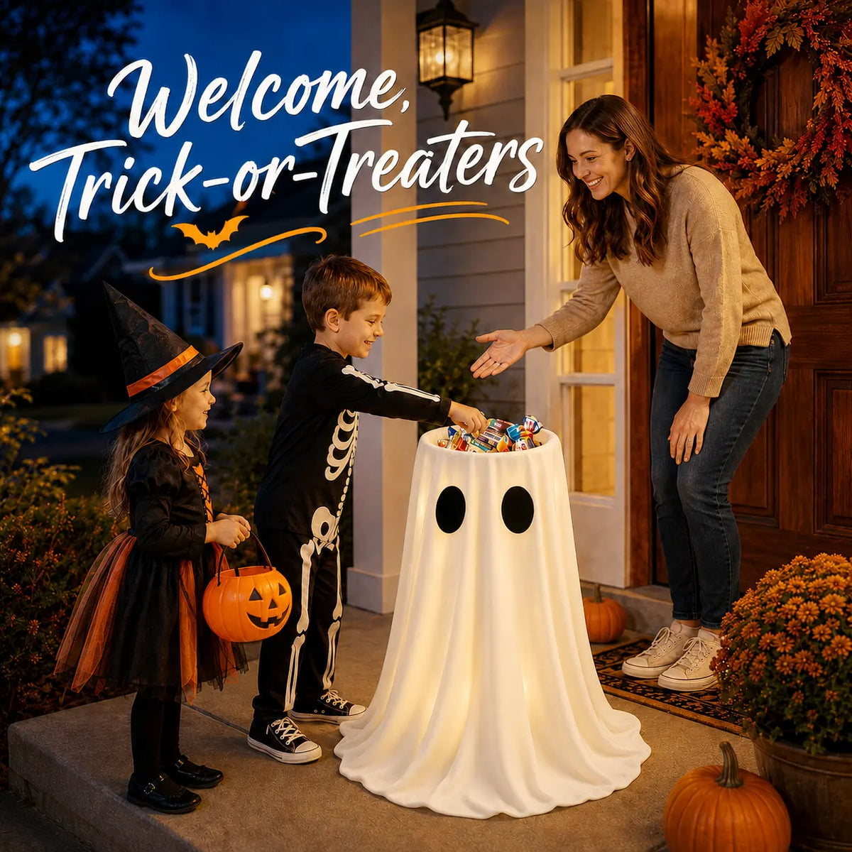 🎃👻🍬 Halloween Glow-in-the-Dark Ghost Candy Bowl – With String Lights, Timer, and Remote Control 🎃✨👻