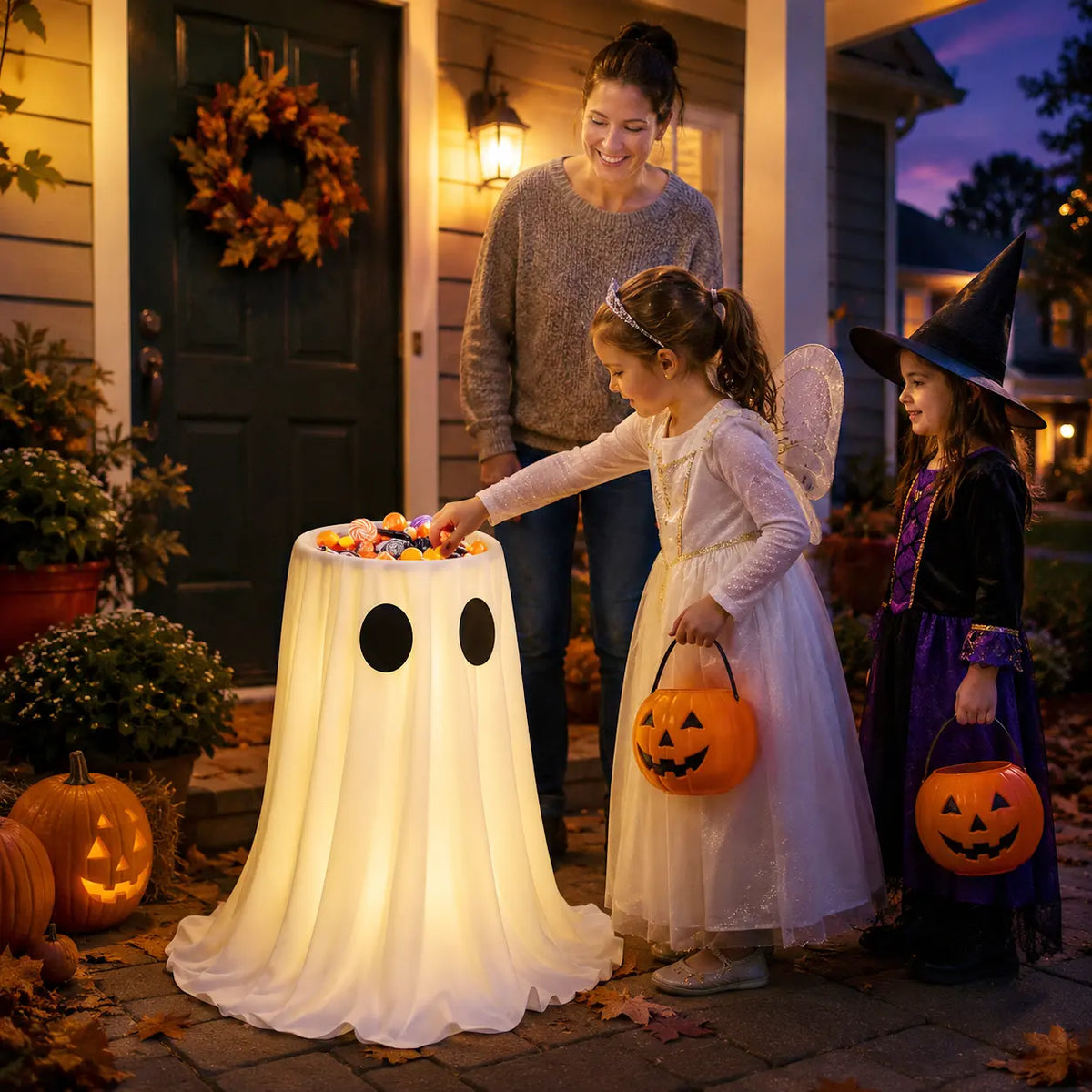 🎃👻🍬 Halloween Glow-in-the-Dark Ghost Candy Bowl – With String Lights, Timer, and Remote Control 🎃✨👻