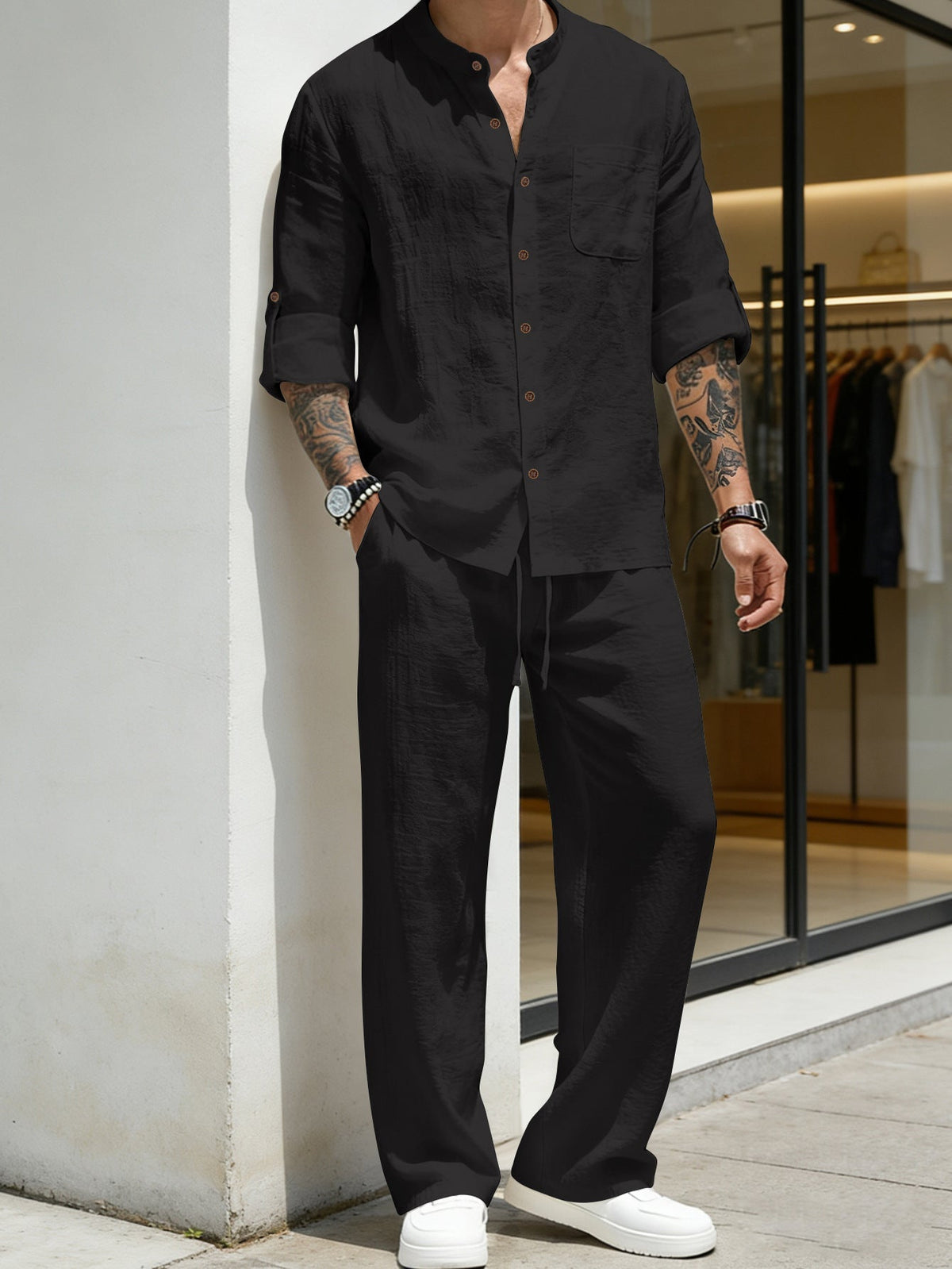 🔥Men's Linen Stand Collar Long Sleeve Button Shirt & Straight Leg Pants Set