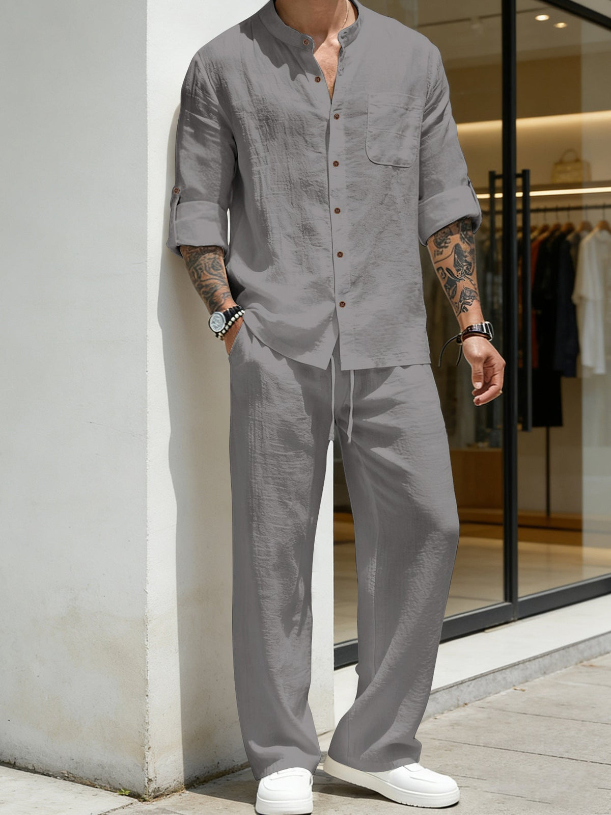 🔥Men's Linen Stand Collar Long Sleeve Button Shirt & Straight Leg Pants Set
