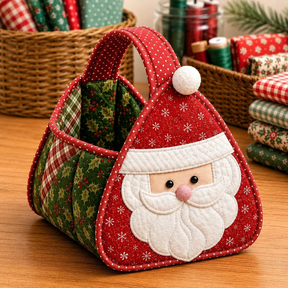 💯⏳  49% OFF – 🎄 Christmas Character Quilted Carry Basket | Padded Patchwork Fabrics, Layered Appliqué & Soft Carry Handle in DIY Kit or Ready-Made Styles 🎁✨