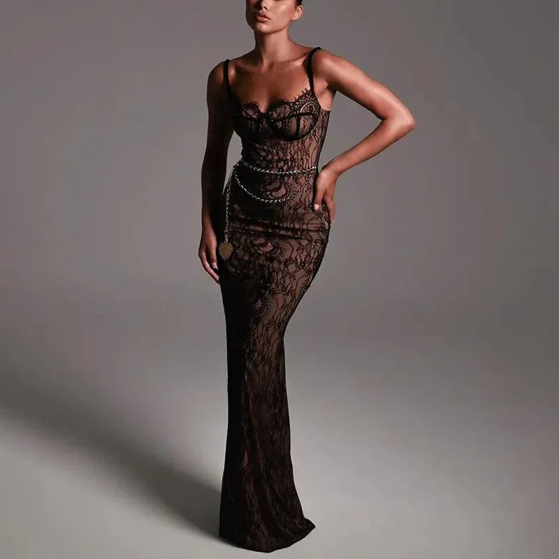 Lovely Lace Backless Black Maxi Dress